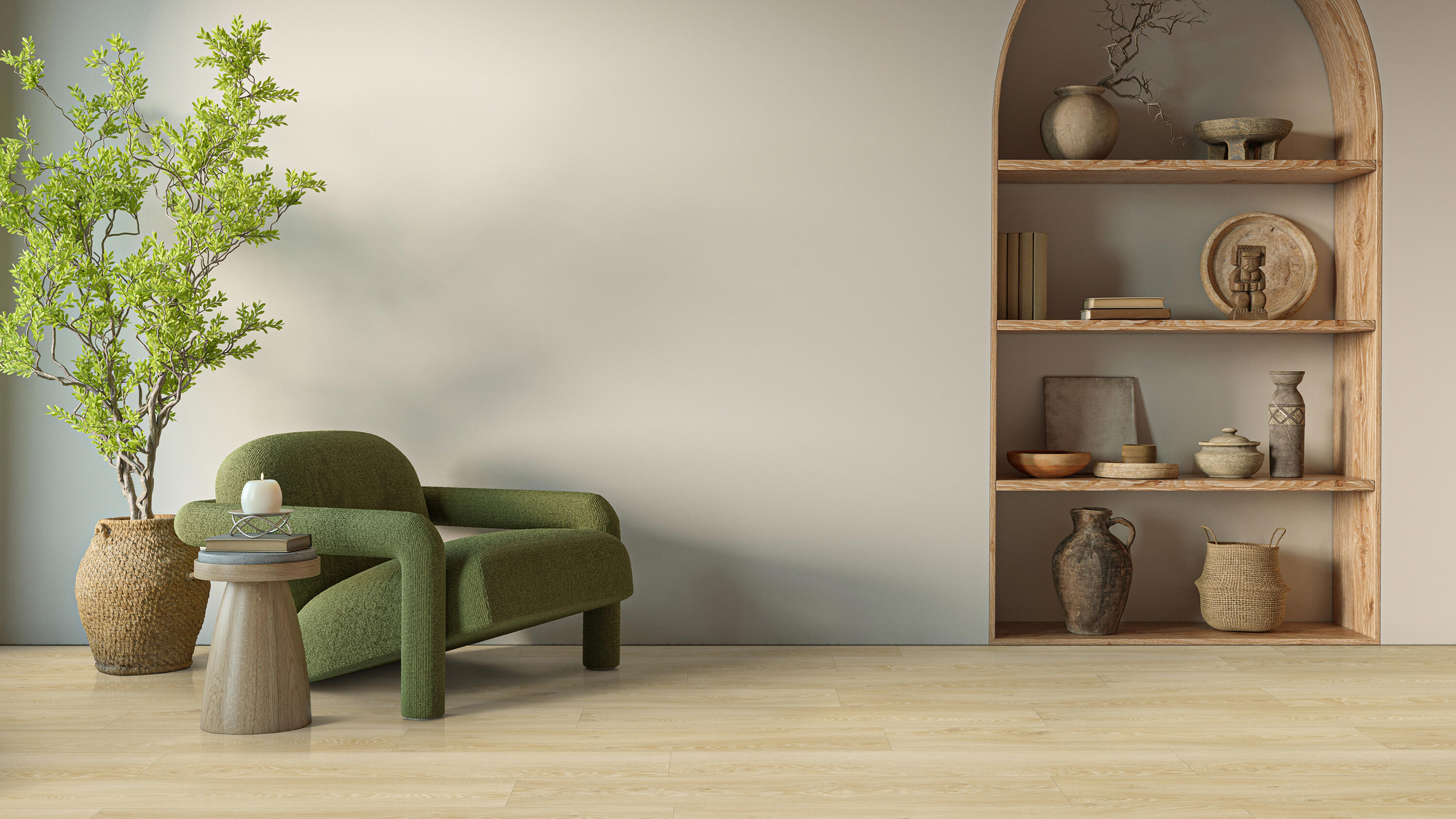 Telpa ar zaļu dizaina krēslu un vinila grīda ar koka efektu
